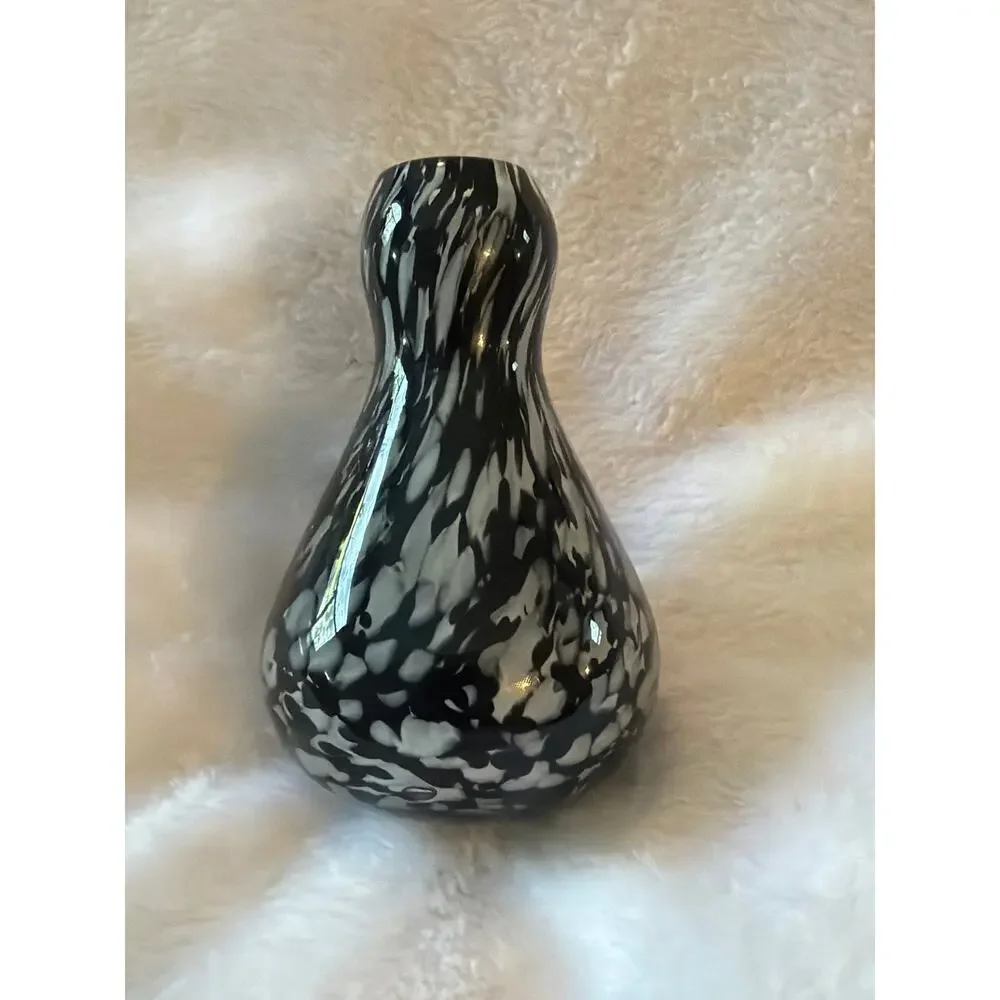 Vintage Black White Art Glass Bud Vase Hand Blown Confetti Speckled 4.5